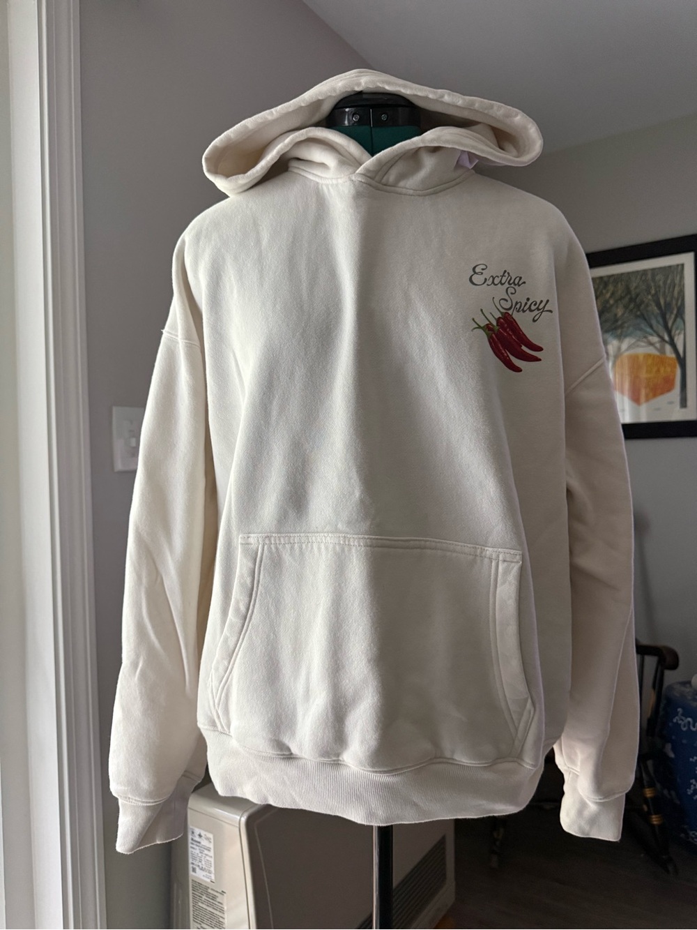 Hollister Cream Hoodie with “Extra Spicy” Chili Graphic Boxy Fit Unisex